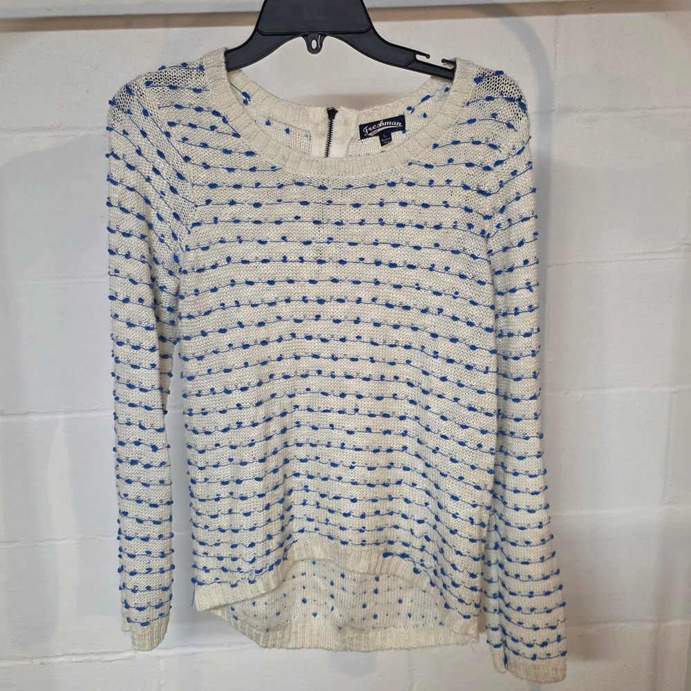 Freshman 1996 Womens Cream Blue Textured Dot‎ Knit Sweater Back Zip Large